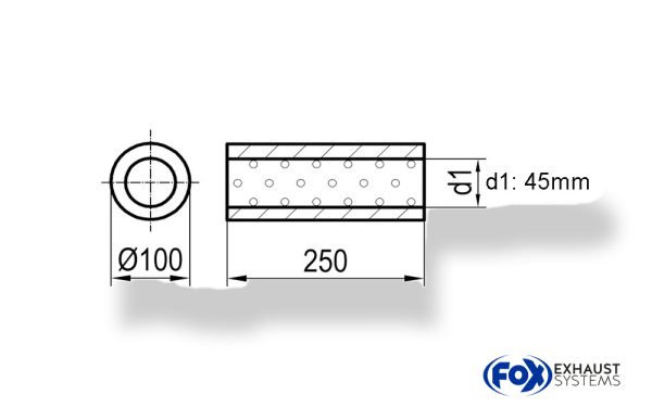 Uni-Schalldämpfer rund ohne Stutzen - Abwicklung 314 Ø 100mm, d1Ø 45mm, Länge: 250mm