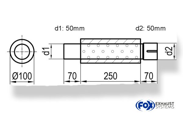 Uni-Schalldämpfer rund mit Stutzen - Abwicklung 314 Ø 100mm, d1Ø 50mm  d2Ø 50,5mm, Länge: 250mm