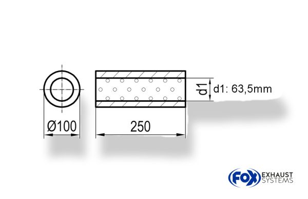 Uni-Schalldämpfer rund ohne Stutzen - Abwicklung 314 Ø 100mm, d1Ø 63,5mm, Länge: 250mm