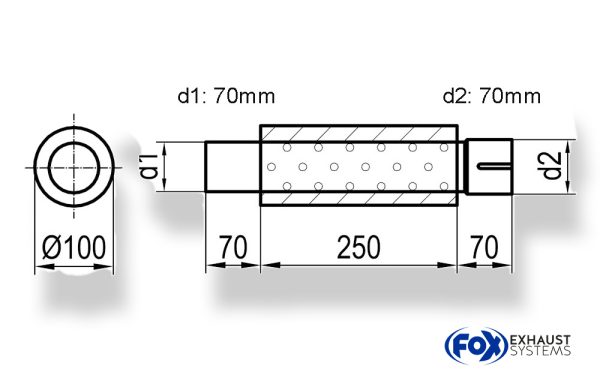 Uni-Schalldämpfer rund mit Stutzen - Abwicklung 314 Ø 100mm, d1Ø 70mm  d2Ø 70,5mm, Länge: 250mm