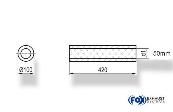Uni-Schalldämpfer rund ohne Stutzen - Abwicklung 314 Ø 100mm, d1Ø 50mm, Länge: 420mm