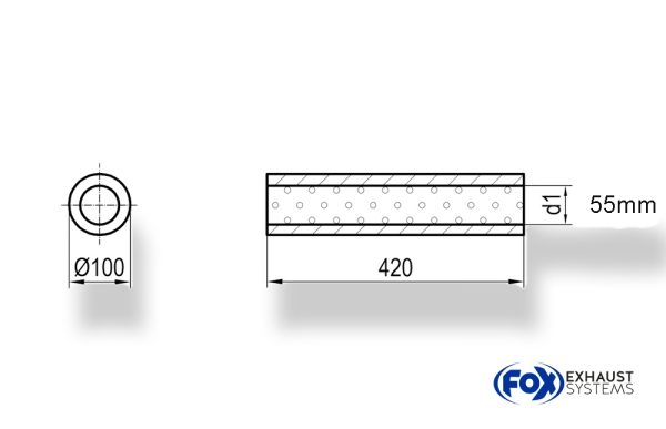 Uni-Schalldämpfer rund ohne Stutzen - Abwicklung 314 Ø 100mm, d1Ø 55mm, Länge: 420mm