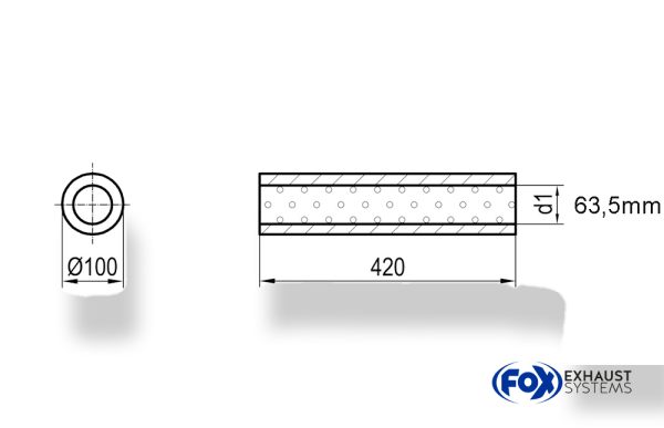 Uni-Schalldämpfer rund ohne Stutzen - Abwicklung 314 Ø 100mm, d1Ø 63,5mm, Länge: 420mm