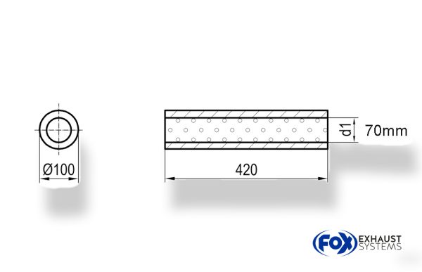 Uni-Schalldämpfer rund ohne Stutzen - Abwicklung 314 Ø 100mm, d1Ø 70mm, Länge: 420mm