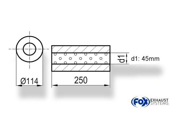 Uni-Schalldämpfer rund ohne Stutzen - Abwicklung 355 Ø 114mm, d1Ø 45mm, Länge: 250mm