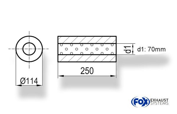 Uni-Schalldämpfer rund ohne Stutzen - Abwicklung 355 Ø 114mm, d1Ø 70mm, Länge: 250mm