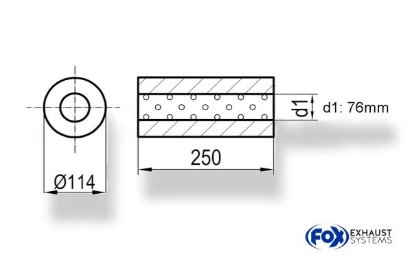 Uni-Schalldämpfer rund ohne Stutzen - Abwicklung 355 Ø 114mm, d1Ø 76mm, Länge: 250mm