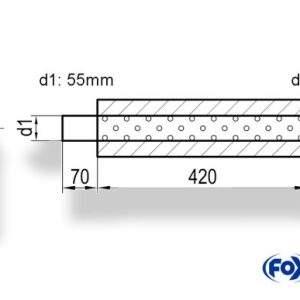 Uni-Schalldämpfer rund mit Stutzen - Abwicklung 355 Ø 114mm, d1Ø 55mm d2Ø 55,5mm, Länge: 420mm