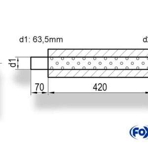 Uni-Schalldämpfer rund mit Stutzen - Abwicklung 355 Ø 114mm, d1Ø 63,5mm  d2Ø 64mm, Länge: 420mm