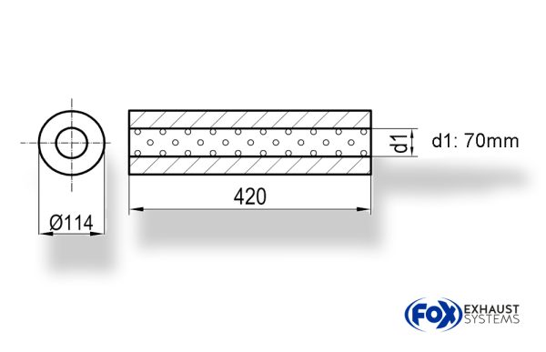 Uni-Schalldämpfer rund ohne Stutzen - Abwicklung 355 Ø 114mm, d1Ø 70mm, Länge: 420mm