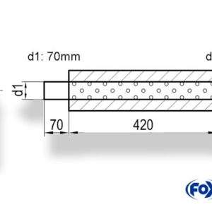 Uni-Schalldämpfer rund mit Stutzen - Abwicklung 355 Ø 114mm, d1Ø 70mm d2Ø 70,5mm, Länge: 420mm