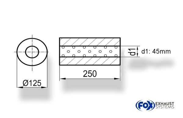 Uni-Schalldämpfer rund ohne Stutzen - Abwicklung 390 Ø 125mm, d1Ø 45mm, Länge: 250mm