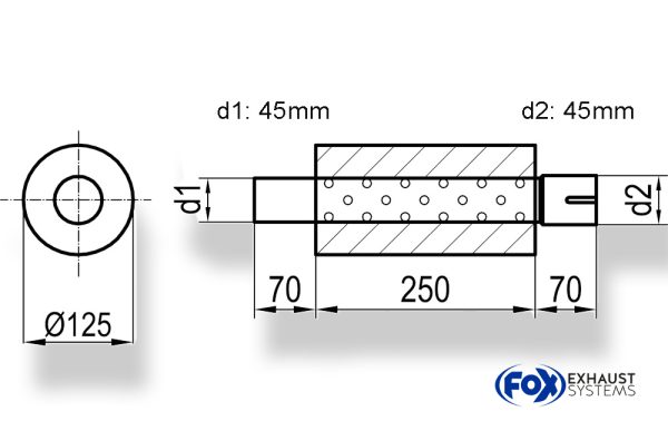 Uni-Schalldämpfer rund mit Stutzen - Abwicklung 390 Ø 125mm, d1Ø 45mm  d2Ø 45,5mm, Länge: 250mm