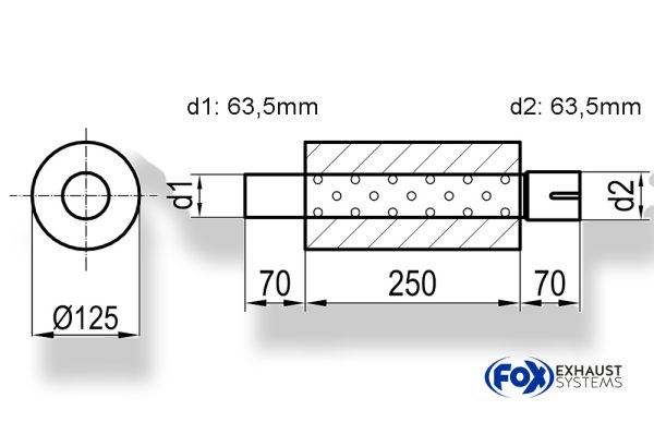 Uni-Schalldämpfer rund mit Stutzen - Abwicklung 390 Ø 125mm, d1Ø 63,5mm  d2Ø 64mm, Länge: 250mm