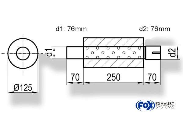 Uni-Schalldämpfer rund mit Stutzen - Abwicklung 390 Ø 125mm, d1Ø 76mm d2Ø 76,5mm, Länge: 250mm