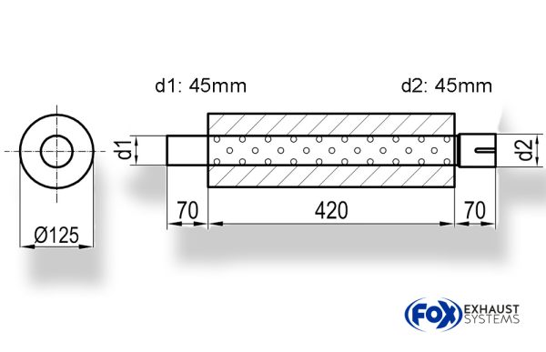 Uni-Schalldämpfer rund mit Stutzen - Abwicklung 390 Ø 125mm, d1Ø 45mm  d2Ø 45,5mm, Länge: 420mm