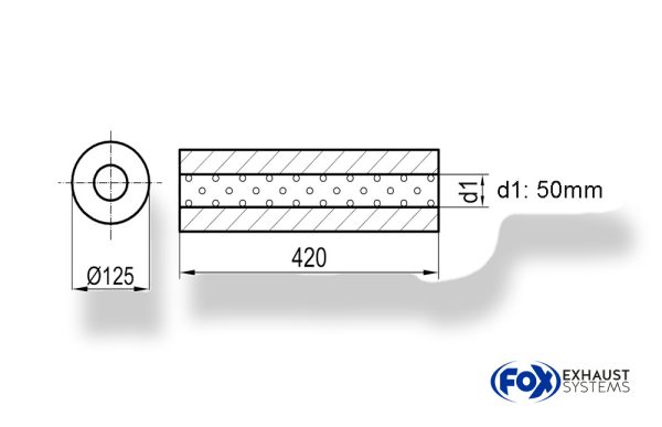 Uni-Schalldämpfer rund ohne Stutzen - Abwicklung 390 Ø 125mm, d1Ø 50mm, Länge: 420mm