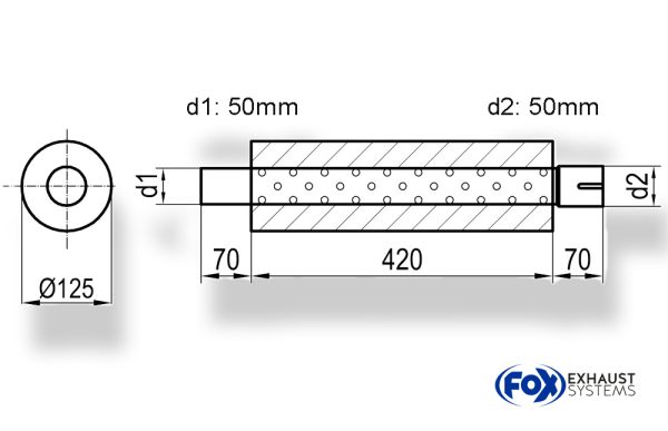 Uni-Schalldämpfer rund mit Stutzen - Abwicklung 390 Ø 125mm, d1Ø 50mm  d2Ø 50,5mm, Länge: 420mm