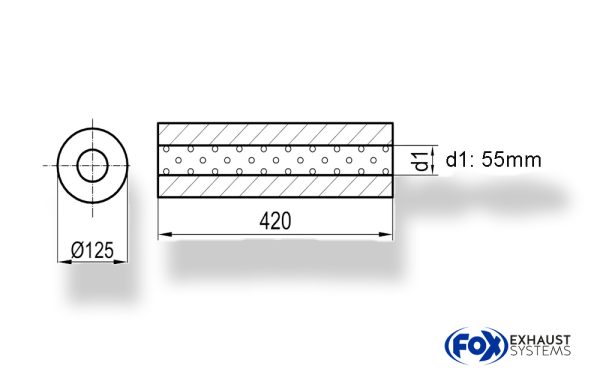 Uni-Schalldämpfer rund ohne Stutzen - Abwicklung 390 Ø 125mm, d1Ø 55mm, Länge: 420mm