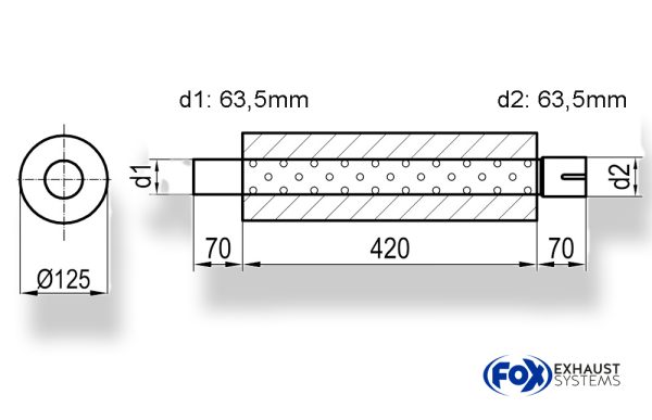 Uni-Schalldämpfer rund mit Stutzen - Abwicklung 390 Ø 125mm, d1Ø 63,5mm  d2Ø 64mm, Länge: 420mm