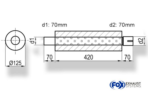 Uni-Schalldämpfer rund mit Stutzen - Abwicklung 390 Ø 125mm, d1Ø 70mm  d2Ø 70,5mm, Länge: 420mm