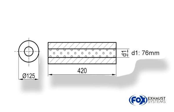 Uni-Schalldämpfer rund ohne Stutzen - Abwicklung 390 Ø 125mm, d1Ø 76mm außen, Länge: 420mm