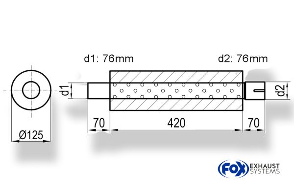 Uni-Schalldämpfer rund mit Stutzen - Abwicklung 390 Ø 125mm, d1Ø 76mm  d2Ø 76,5mm, Länge: 420mm