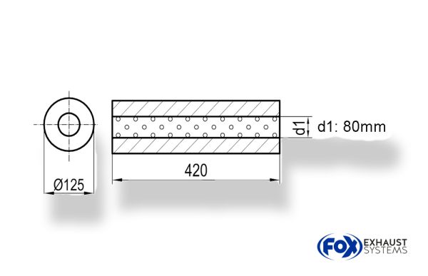 Uni-Schalldämpfer rund ohne Stutzen - Abwicklung 390 Ø 125mm, d1Ø 80mm außen, Länge: 420mm