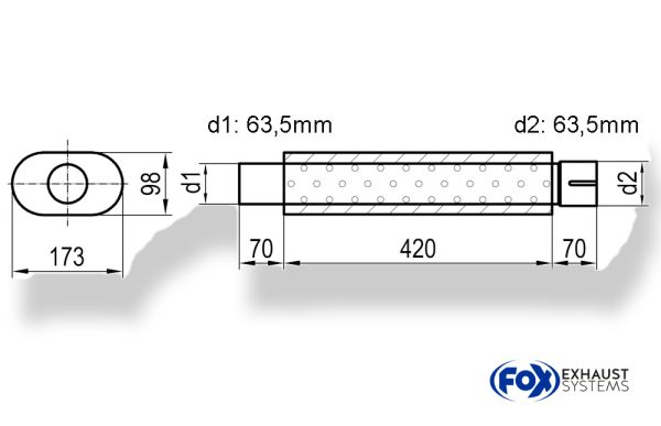 Uni-Schalldämpfer oval mit Stutzen - Abwicklung 450 173x98mm, d1Ø 63,5mm  d2Ø 64mm, Länge: 420mm