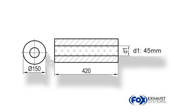 Uni-Schalldämpfer rund ohne Stutzen - Abwicklung 466 Ø 150mm, d1Ø 45mm - Länge: 420mm