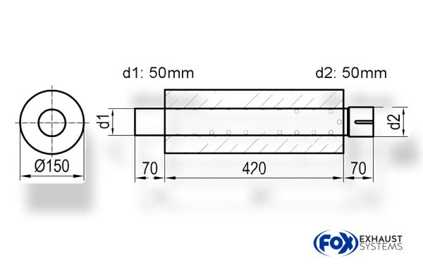 Uni-Schalldämpfer rund mit Stutzen - Abwicklung 466 Ø 150mm, d1Ø 50mm außen - d2Ø 50,5mm innen - Länge: 420mm