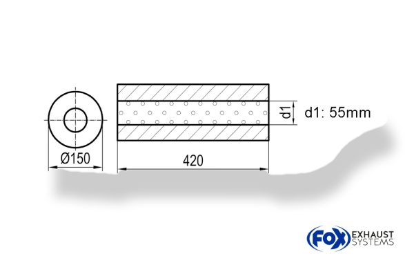 Uni-Schalldämpfer rund ohne Stutzen - Abwicklung 466 Ø 150mm, d1Ø 55mm -, Länge: 420mm