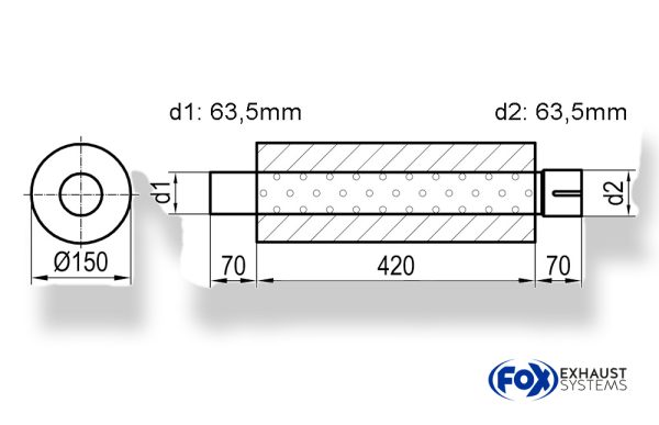 Uni-Schalldämpfer rund mit Stutzen - Abwicklung 466 Ø 150mm, d1Ø 63,5mm außen - d2Ø 64mm innen - Länge: 420mm