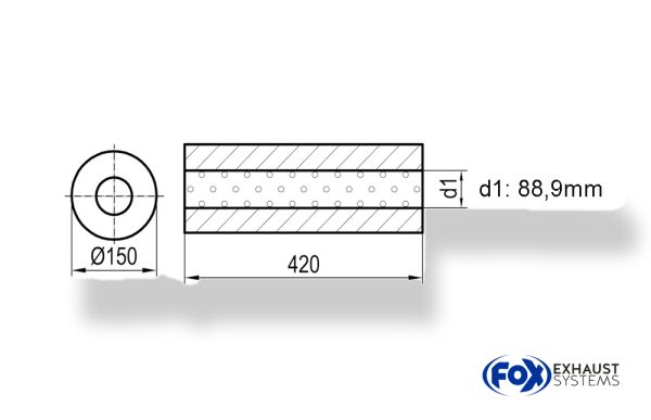 Uni-Schalldämpfer rund ohne Stutzen - Abwicklung 466 Ø 150mm, d1Ø 88,9mm -, Länge: 420mm