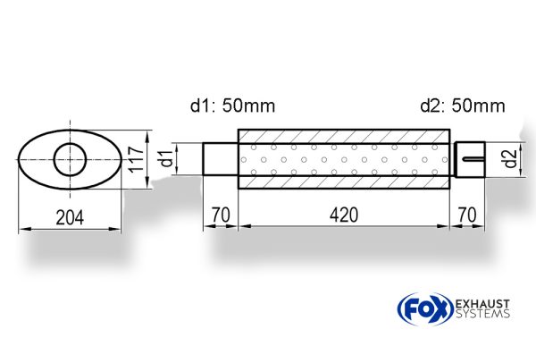 Uni-Schalldämpfer oval mit Stutzen - Abwicklung 525 204x117mm, d1Ø 50mm  d2Ø 50,5mm, Länge: 420mm