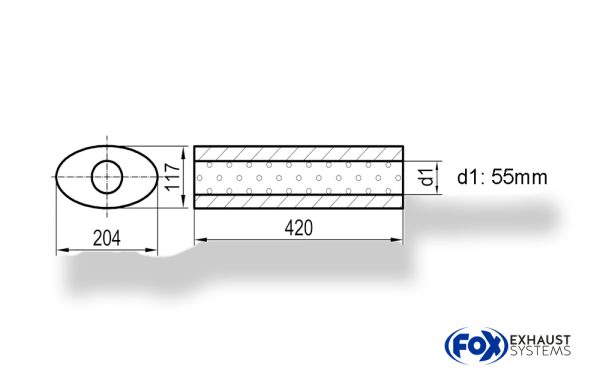 Uni-Schalldämpfer oval ohne Stutzen - Abwicklung 525 204x117mm, d1Ø 55mm, Länge: 420mm