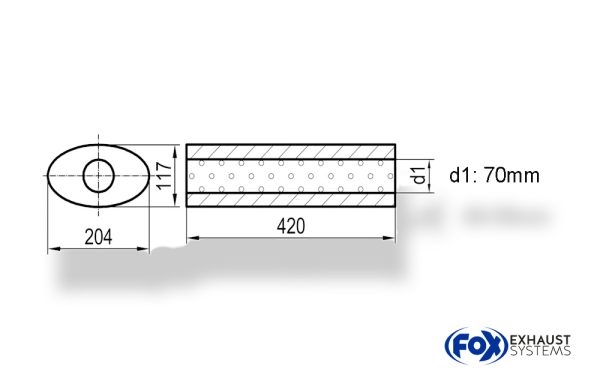 Uni-Schalldämpfer oval ohne Stutzen - Abwicklung 525 204x117mm, d1Ø 70mm, Länge: 420mm