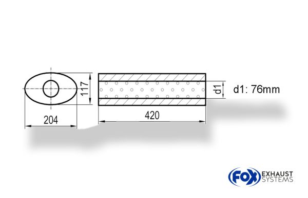 Uni-Schalldämpfer oval ohne Stutzen - Abwicklung 525 204x117mm, d1Ø 76mm, Länge: 420mm