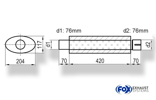 Uni-Schalldämpfer oval mit Stutzen - Abwicklung 525 204x117mm, d1Ø 76mm  d2Ø 76,5mm, Länge: 420mm