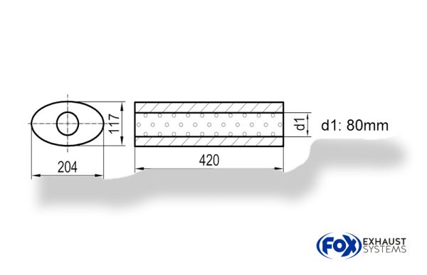 Uni-Schalldämpfer oval ohne Stutzen - Abwicklung 525 204x117mm, d1Ø 80mm, Länge: 420mm