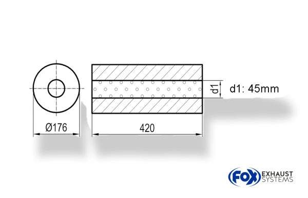 Uni-Schalldämpfer rund ohne Stutzen - Abwicklung 556 Ø 176mm, d1Ø 101,6mm außen - Länge: 420mm