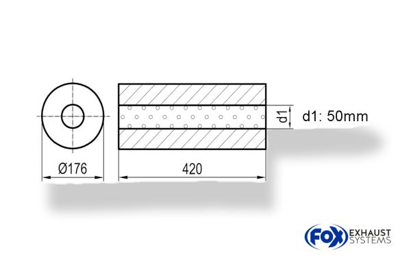 Uni-Schalldämpfer rund ohne Stutzen - Abwicklung 556 Ø 176mm, d1Ø 45mm, Länge: 420mm -Ø 176mm