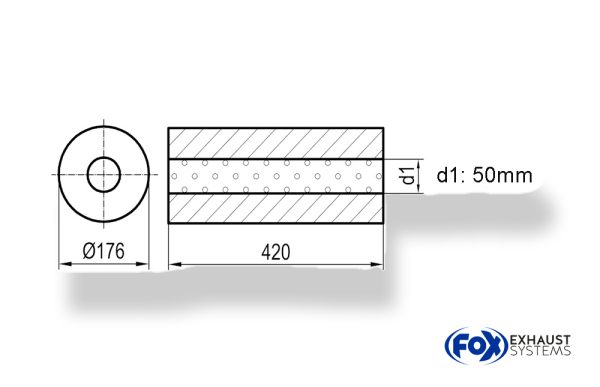 Uni-Schalldämpfer rund ohne Stutzen - Abwicklung 556 Ø 176mm, d1Ø 50mm, Länge: 420mm -Ø 176mm