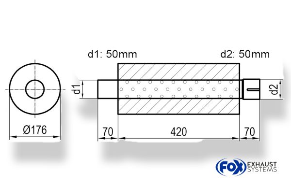 Uni-Schalldämpfer rund mit Stutzen - Abwicklung 556 Ø 176mm, d1Ø 45mm  d2Ø 45,5mm, Länge: 420mm