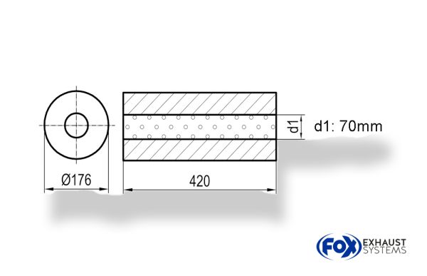 Uni-Schalldämpfer rund ohne Stutzen - Abwicklung 556 Ø 176mm, d1Ø 70mm, Länge: 420mm -Ø 176mm