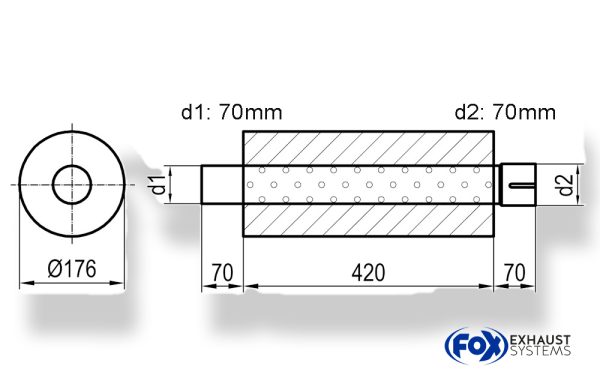 Uni-Schalldämpfer rund mit Stutzen - Abwicklung 556 Ø 176mm, d1Ø 70mm  d2Ø 70,5mm, Länge: 420mm