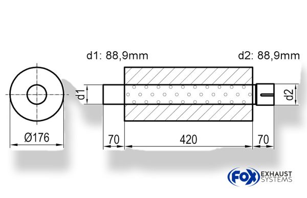 Uni-Schalldämpfer rund mit Stutzen - Abwicklung 556 Ø 176mm, d1Ø 80mm außen - d2Ø 80mm innen - Länge: 420mm