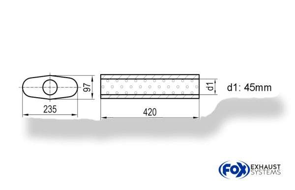 Uni-Schalldämpfer oval ohne Stutzen - Abwicklung 558 235x97mm, d1Ø 45mm, Länge: 420mm