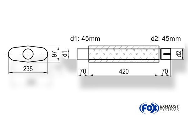 Uni-Schalldämpfer oval mit Stutzen - Abwicklung 558 235x97mm, d1Ø 45mm  d2Ø 45,5mm, Länge: 420mm