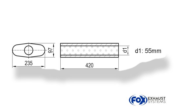 Uni-Schalldämpfer oval ohne Stutzen - Abwicklung 558 235x97mm, d1Ø 55mm, Länge: 420mm